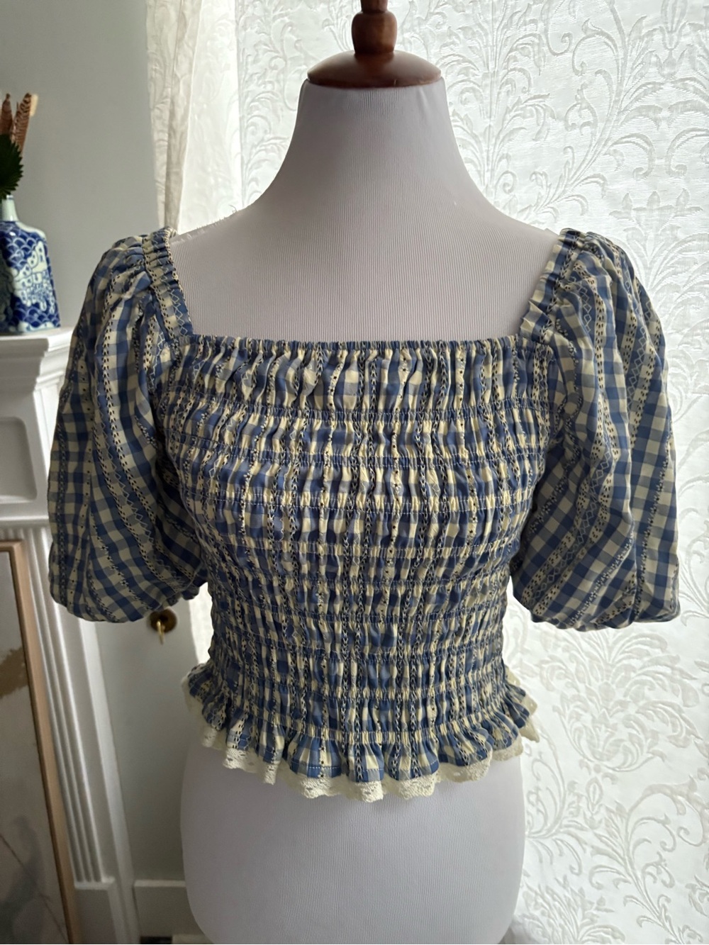 NWT English Factory Blue and Cream Gingham Smocked Square-Neck Crop Top